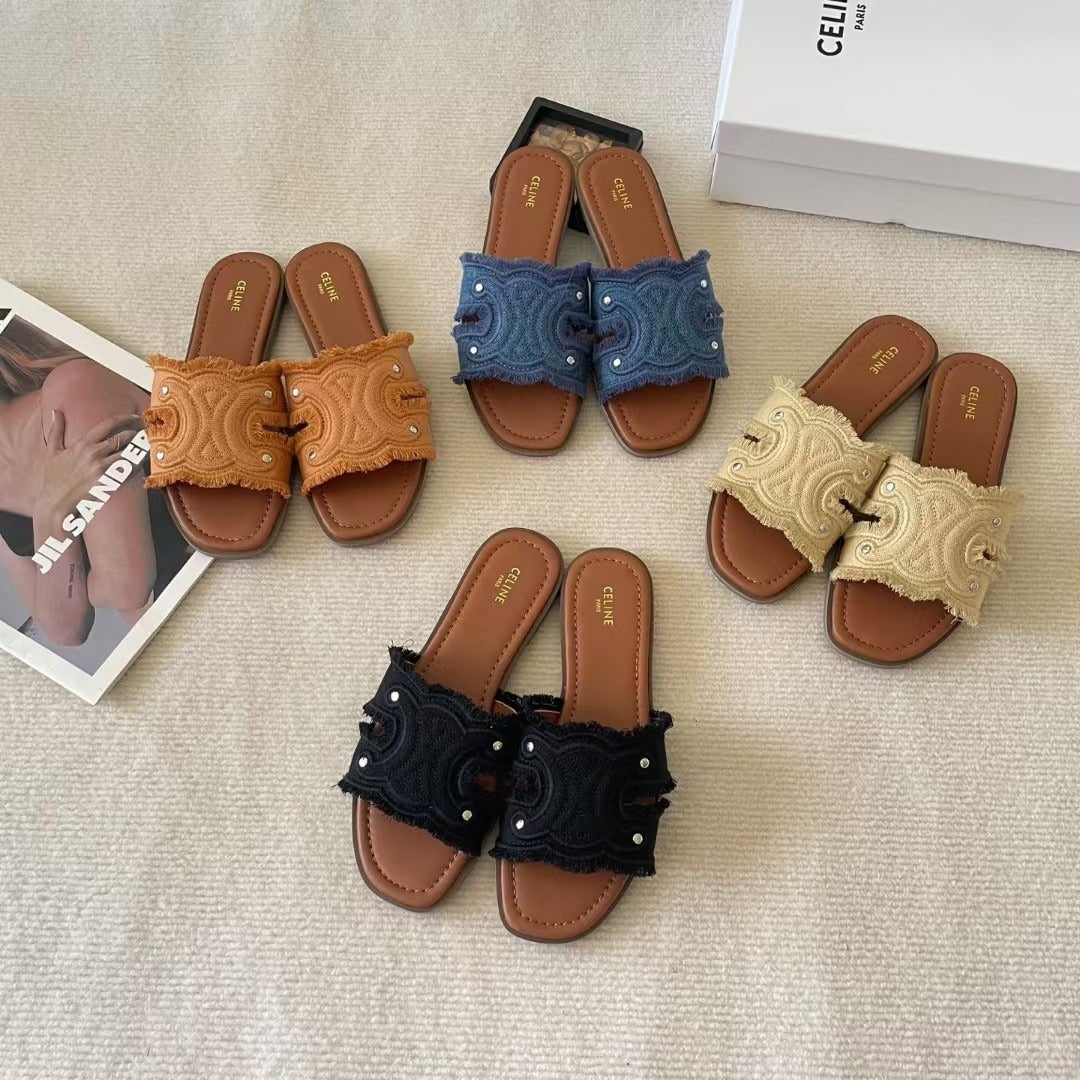 Celine Denim & Leather Tassel Slides