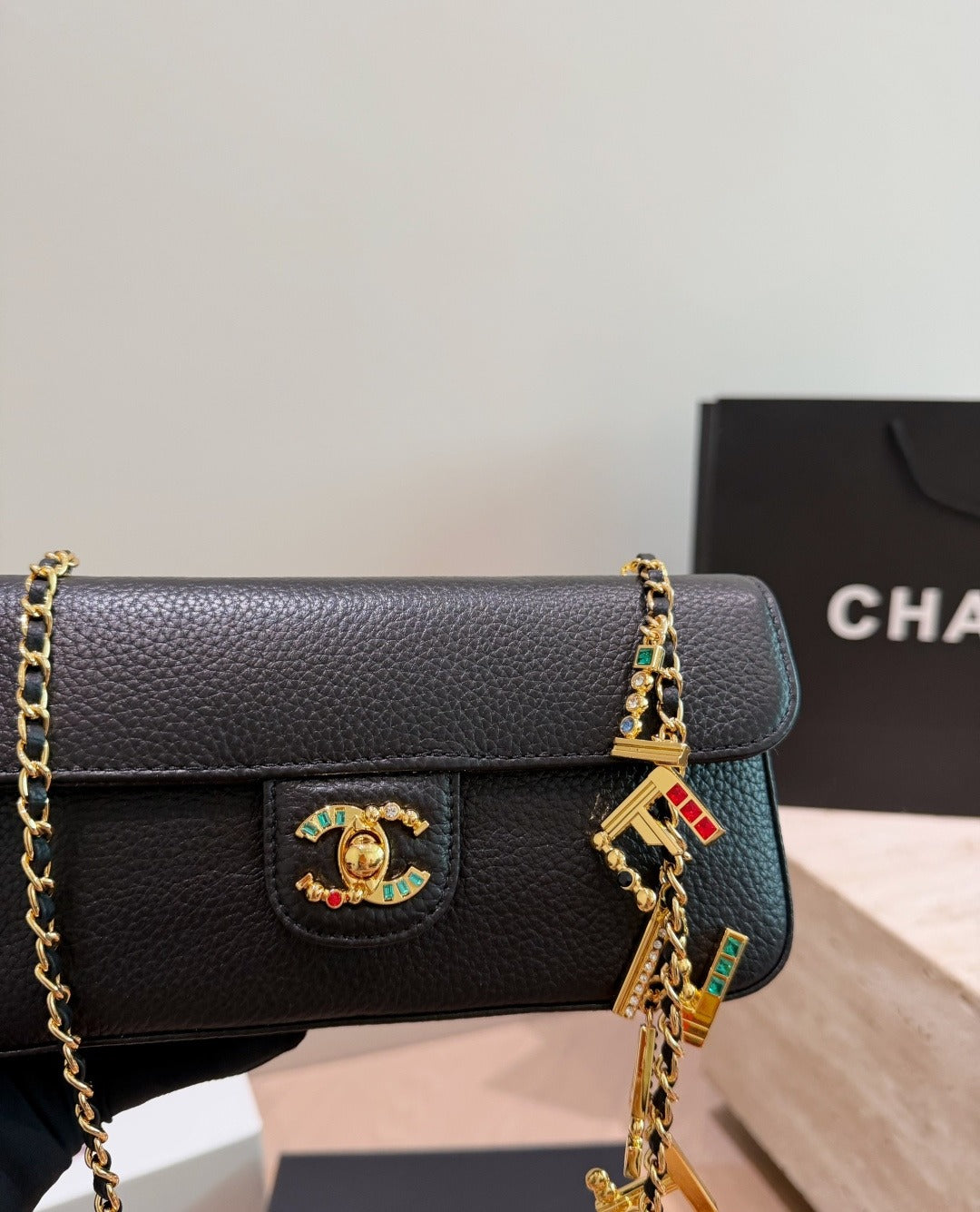 Chanel Black Leather Pearl Handbag