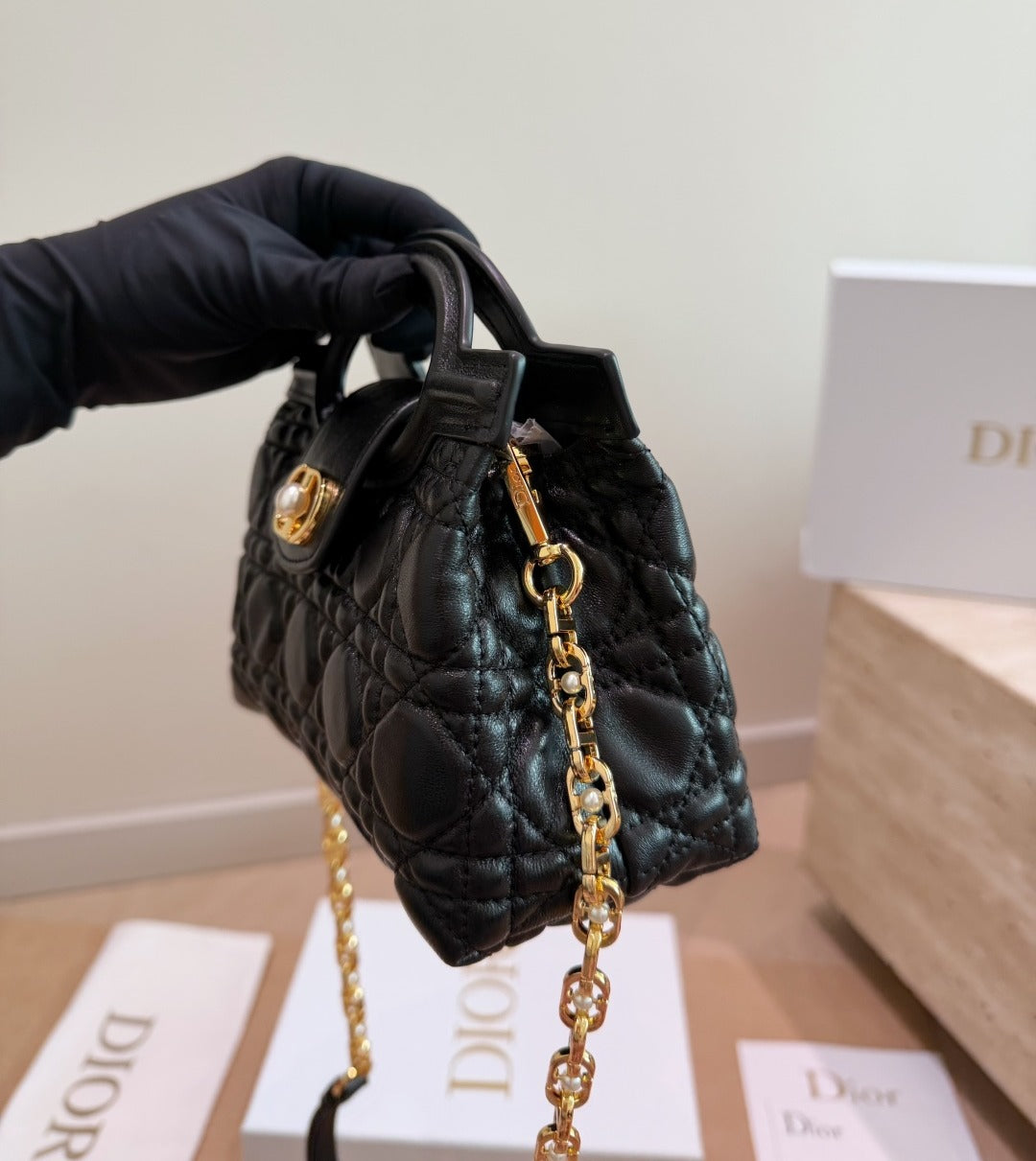 Dior Black Lambskin Leather Pearl Handbag