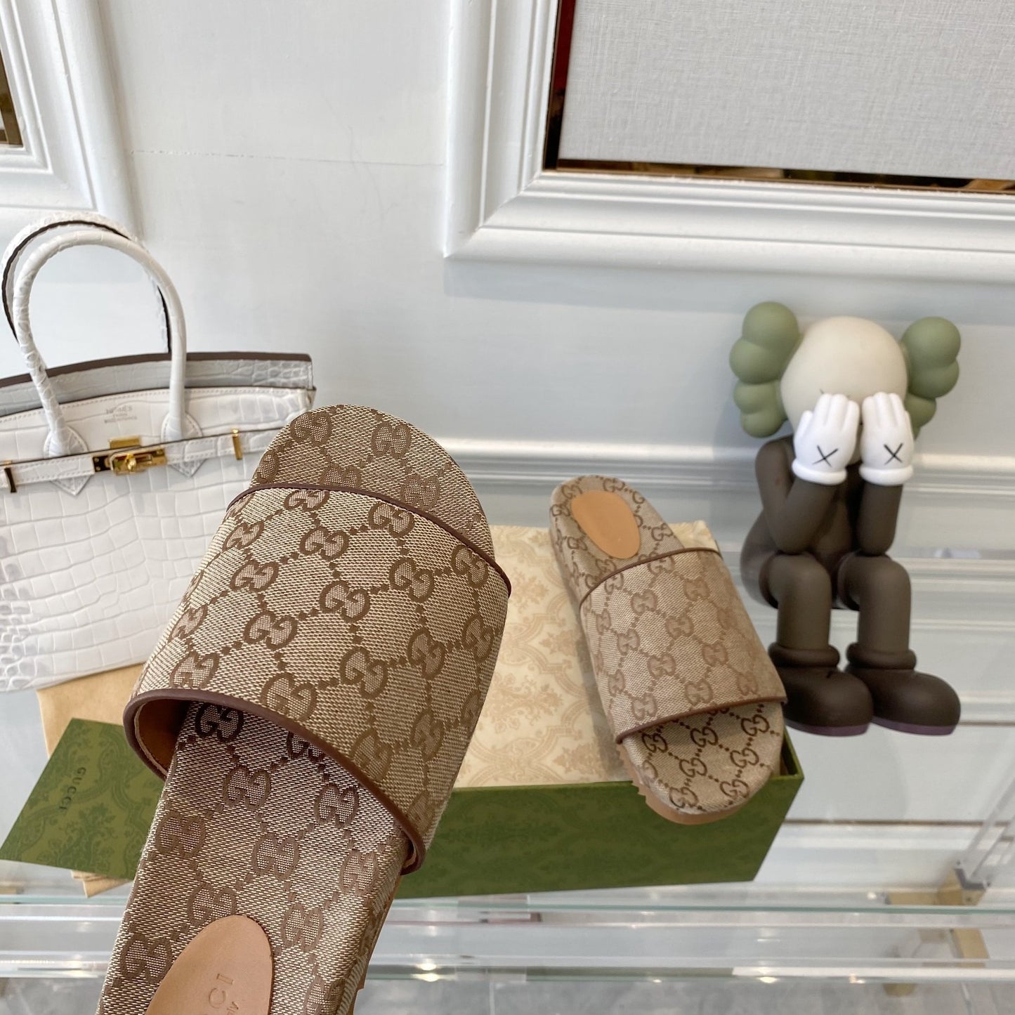 Gucci Green Canvas & Leather Double G Slides