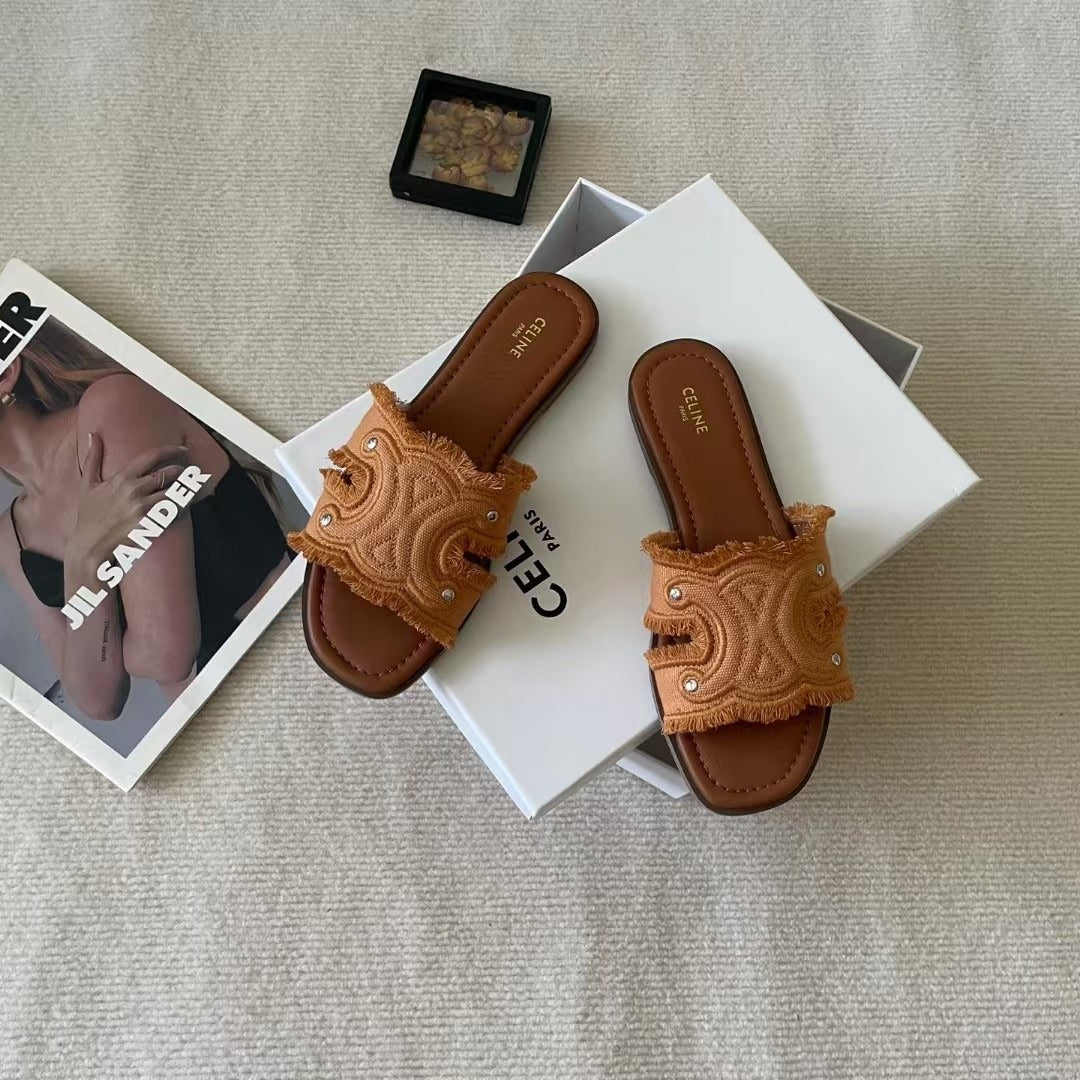 Celine Denim & Leather Tassel Slides
