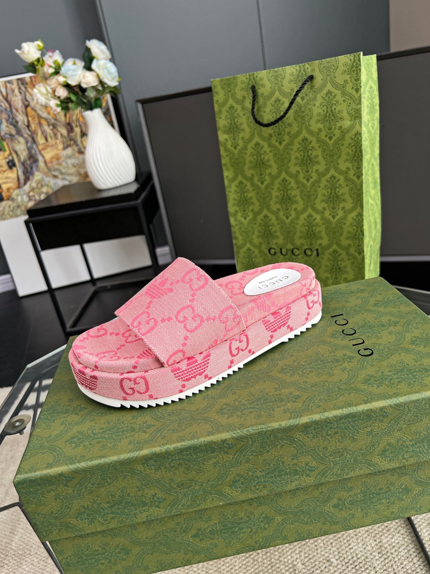Gucci Green Canvas & Leather Double G Slides