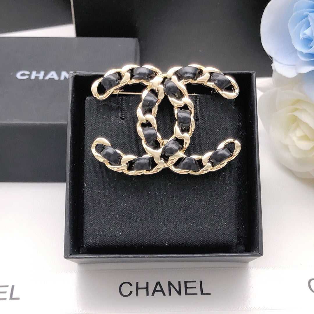 Chanel Black Lambskin Leather & Brass Brooch