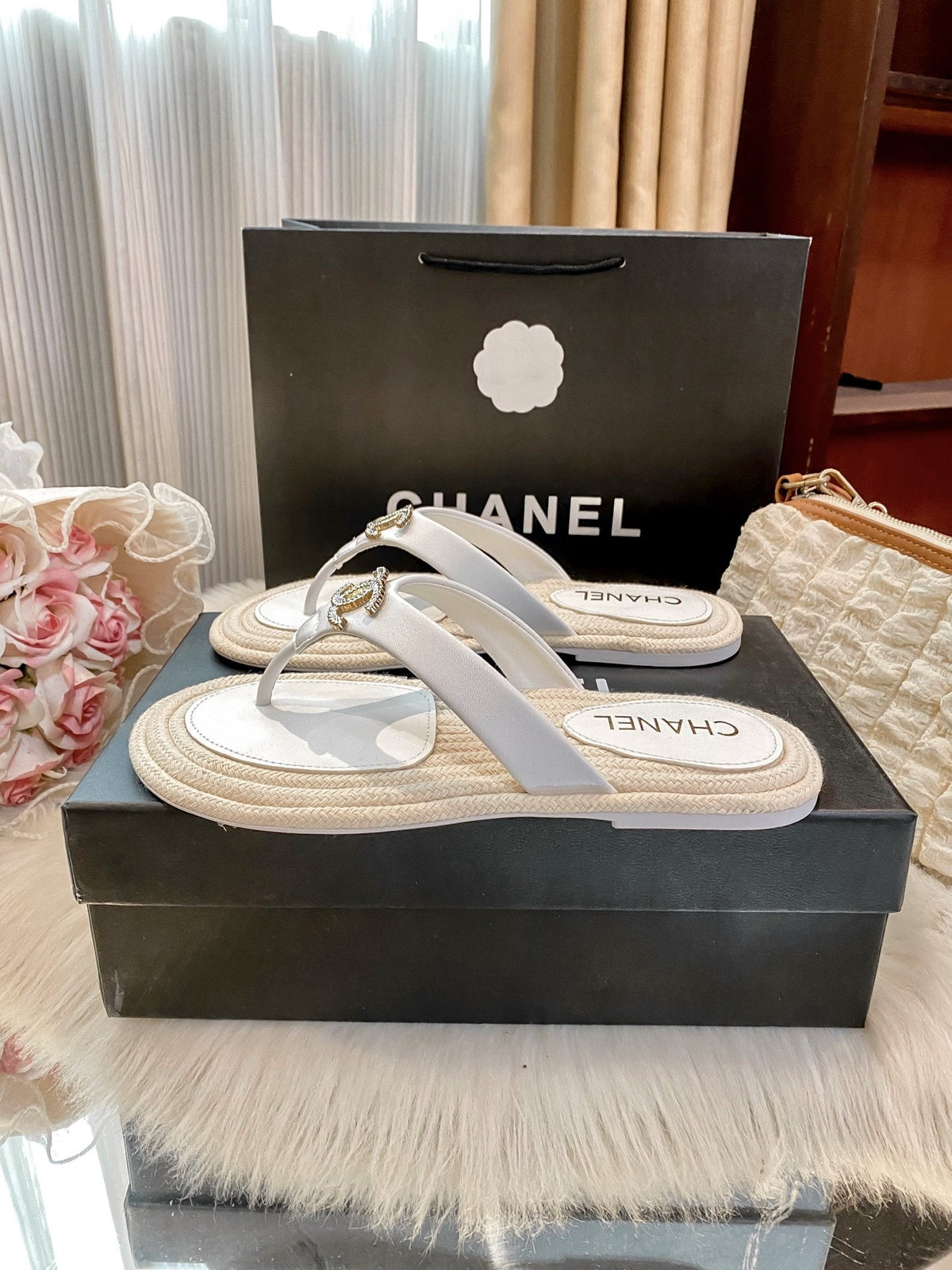 Chanel White Slides