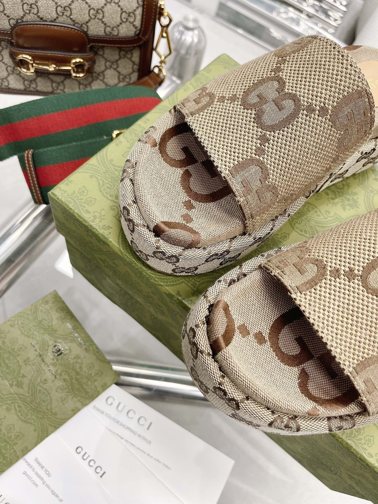 Gucci Green Canvas & Leather Double G Slides