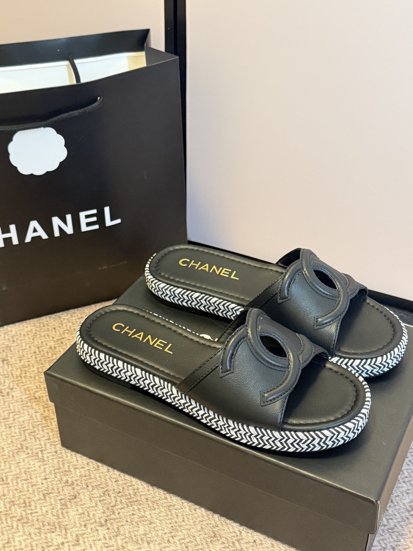 Chanel Lambskin Leather Logo Slides