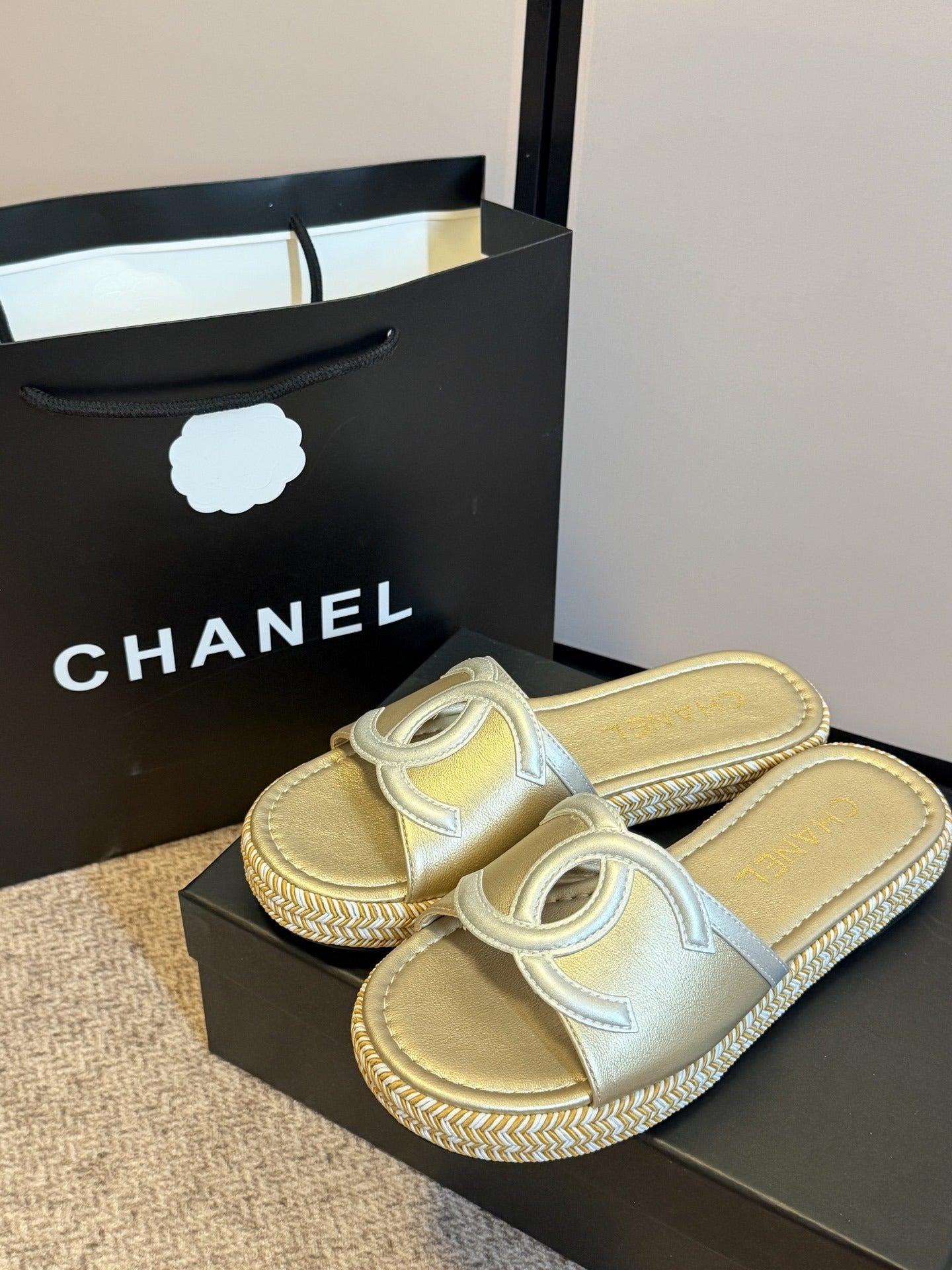 Chanel Lambskin Leather Logo Slides