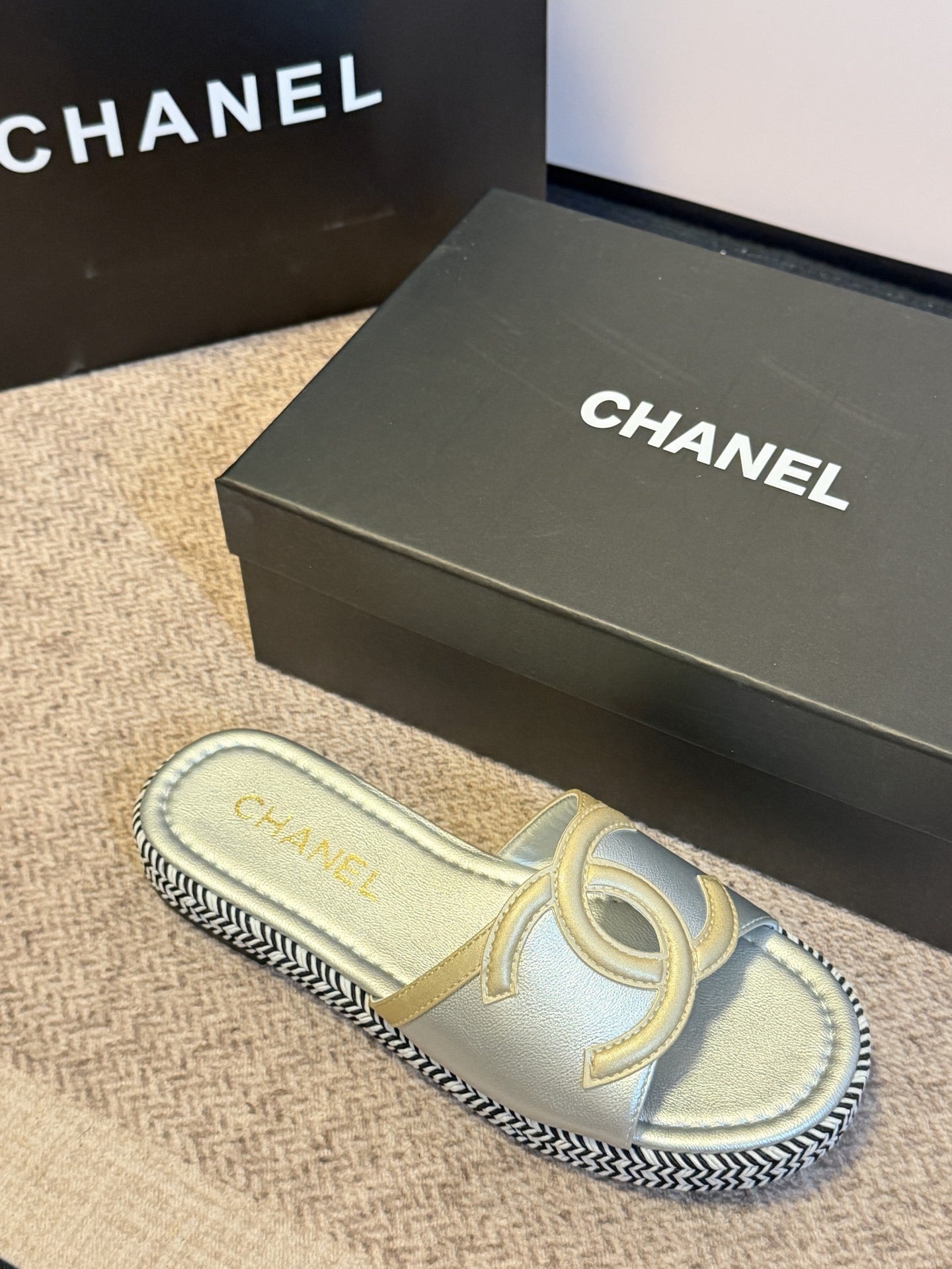 Chanel Lambskin Leather Logo Slides