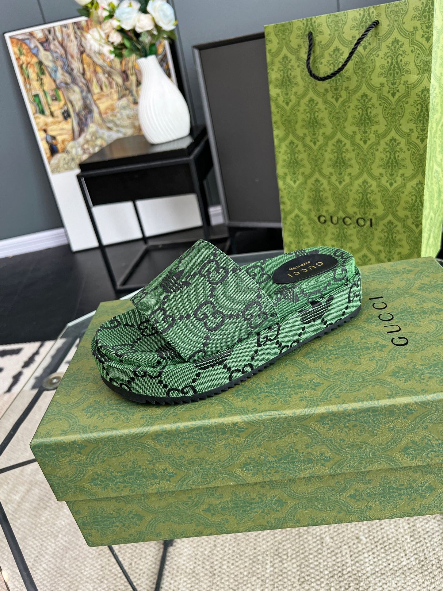 Gucci Green Canvas & Leather Double G Slides