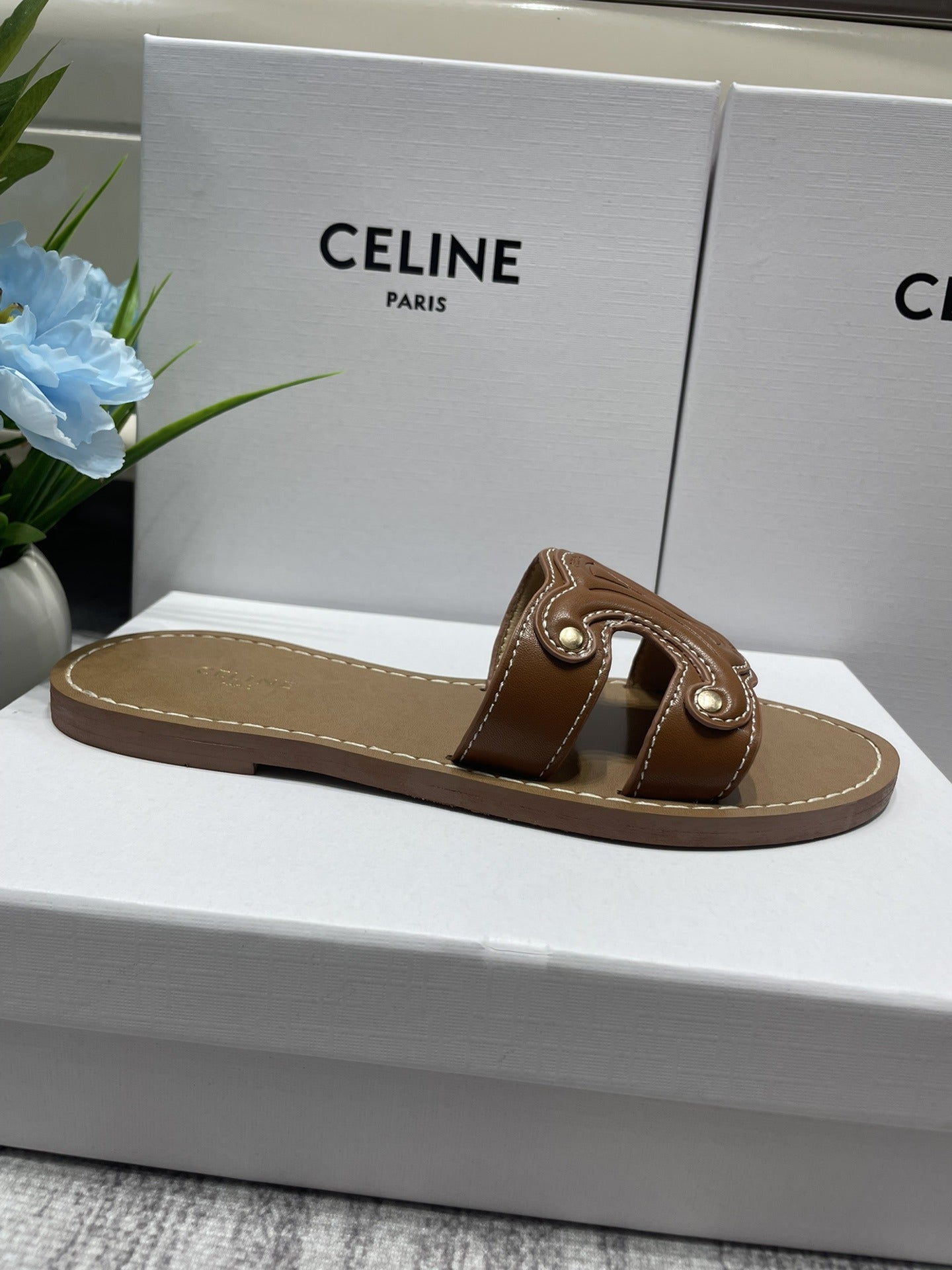 Celine Denim & Leather Tassel Slides