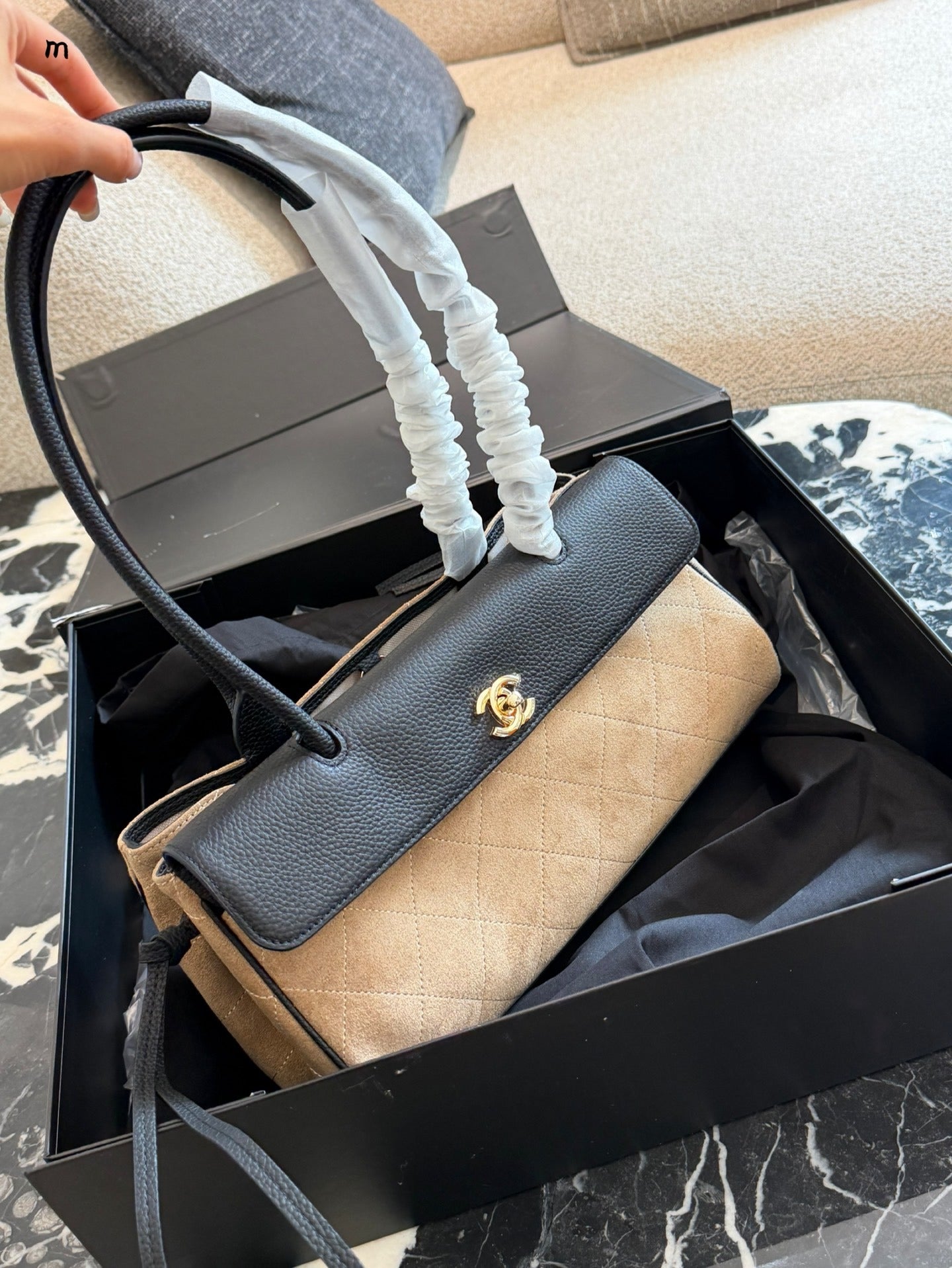 Chanel Black Suede & Leather Colorblock Handbag