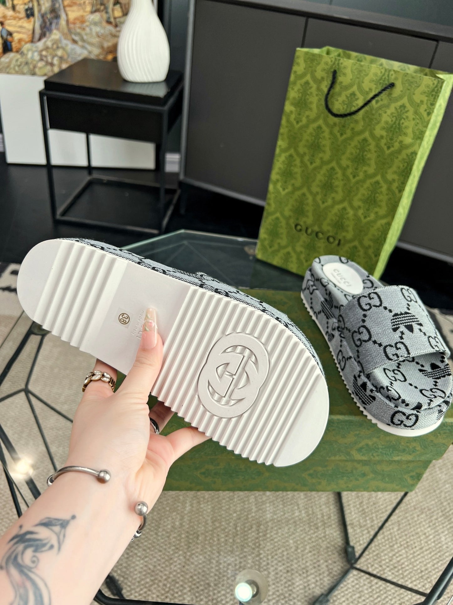 Gucci Green Canvas & Leather Double G Slides