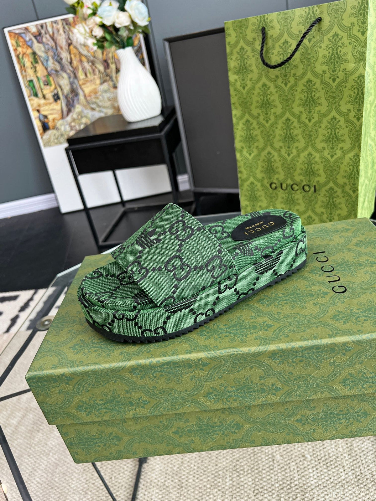 Gucci Green Canvas & Leather Double G Slides