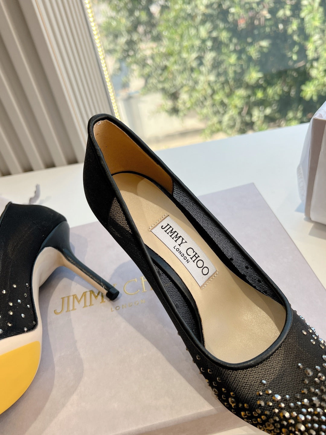 Jimmy Choo Lambskin Leather Crystal Heels