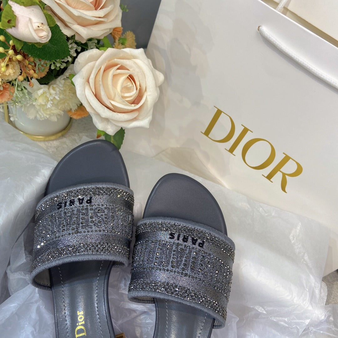Dior Cotton & Lambskin Leather Crystal Slides