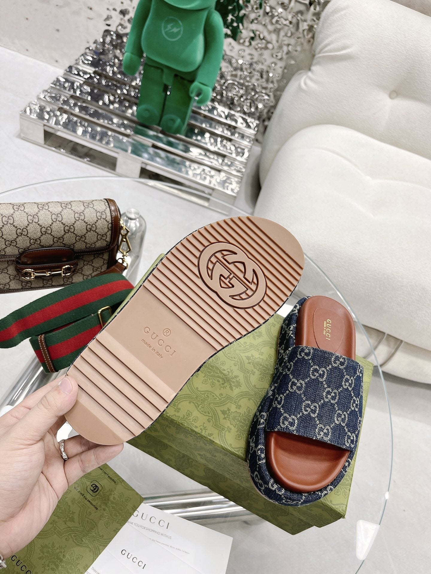Gucci Green Canvas & Leather Double G Slides
