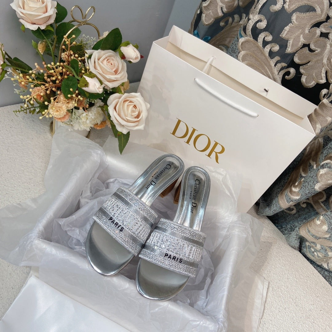 Dior Cotton & Lambskin Leather Crystal Slides
