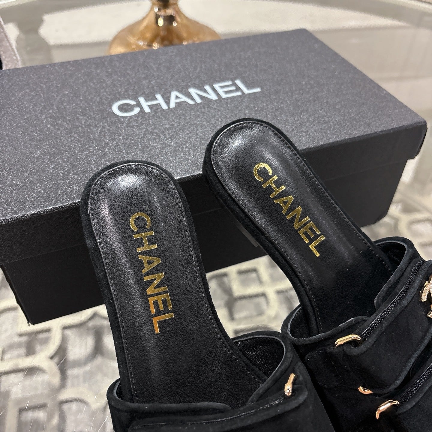 Chanel Lambskin Leather Crystal Slides