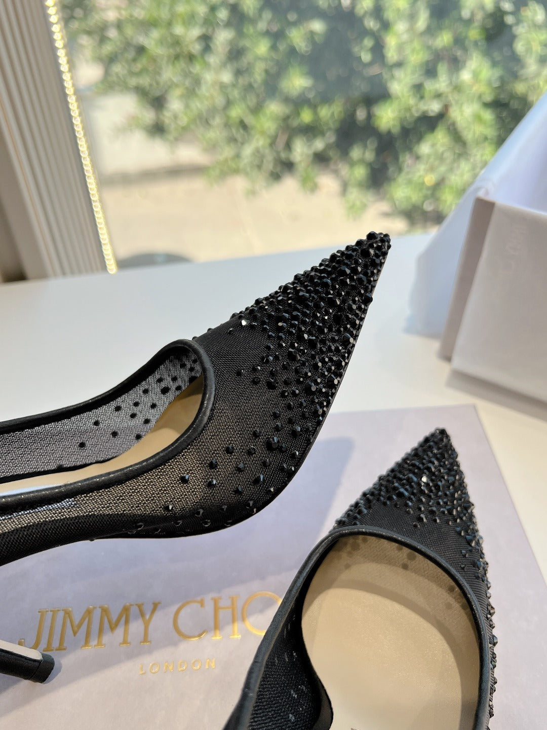 Jimmy Choo Lambskin Leather Crystal Heels