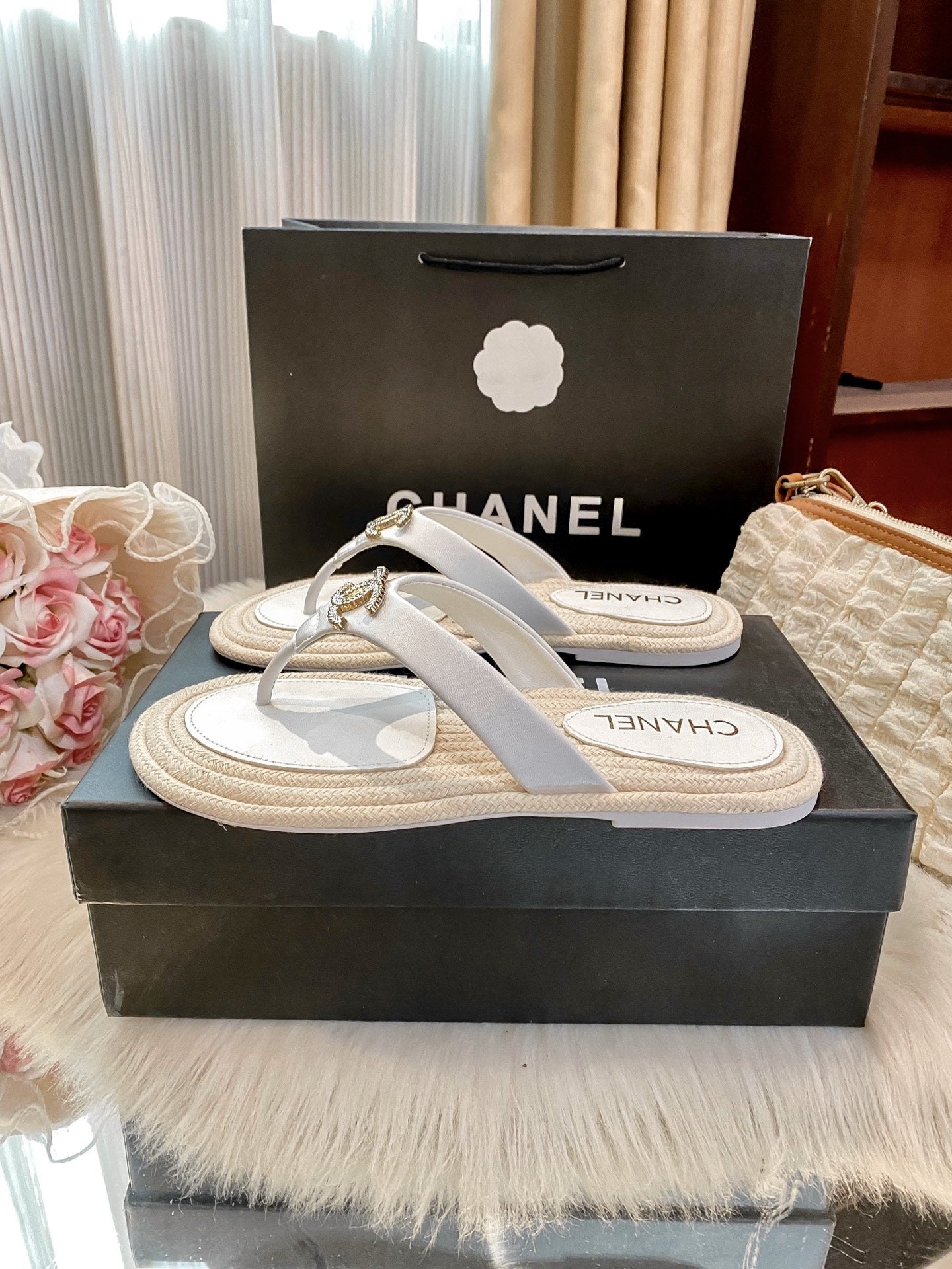 Chanel White Slides