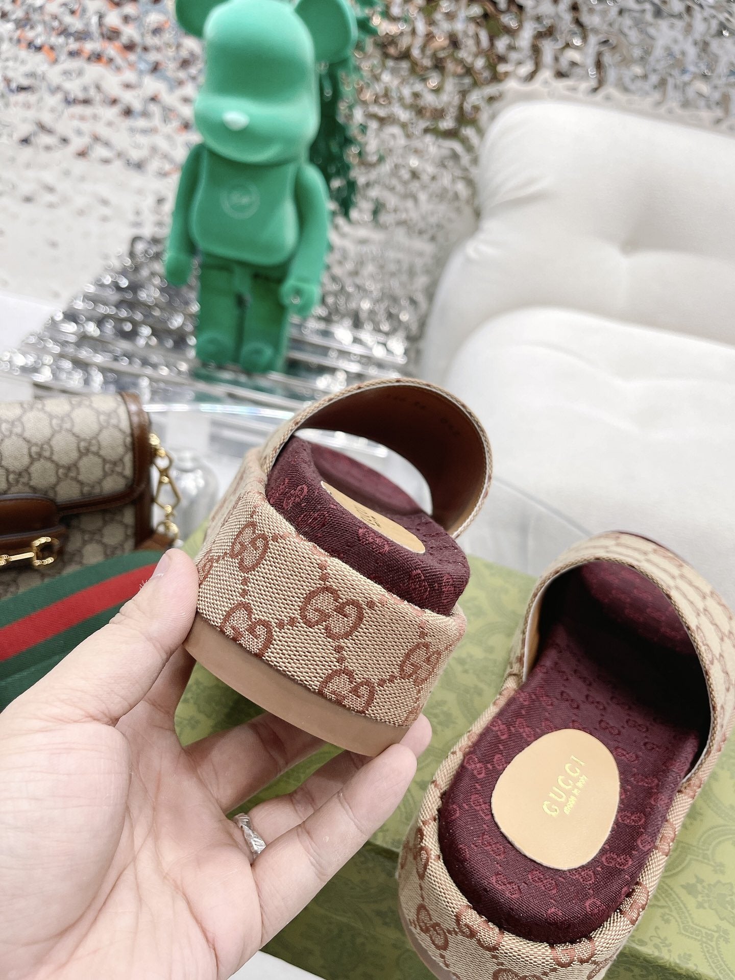 Gucci Green Canvas & Leather Double G Slides