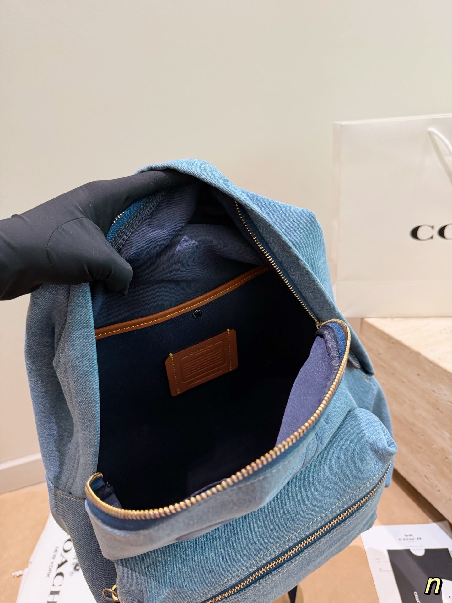 Coach Gray Denim Logo Backpack