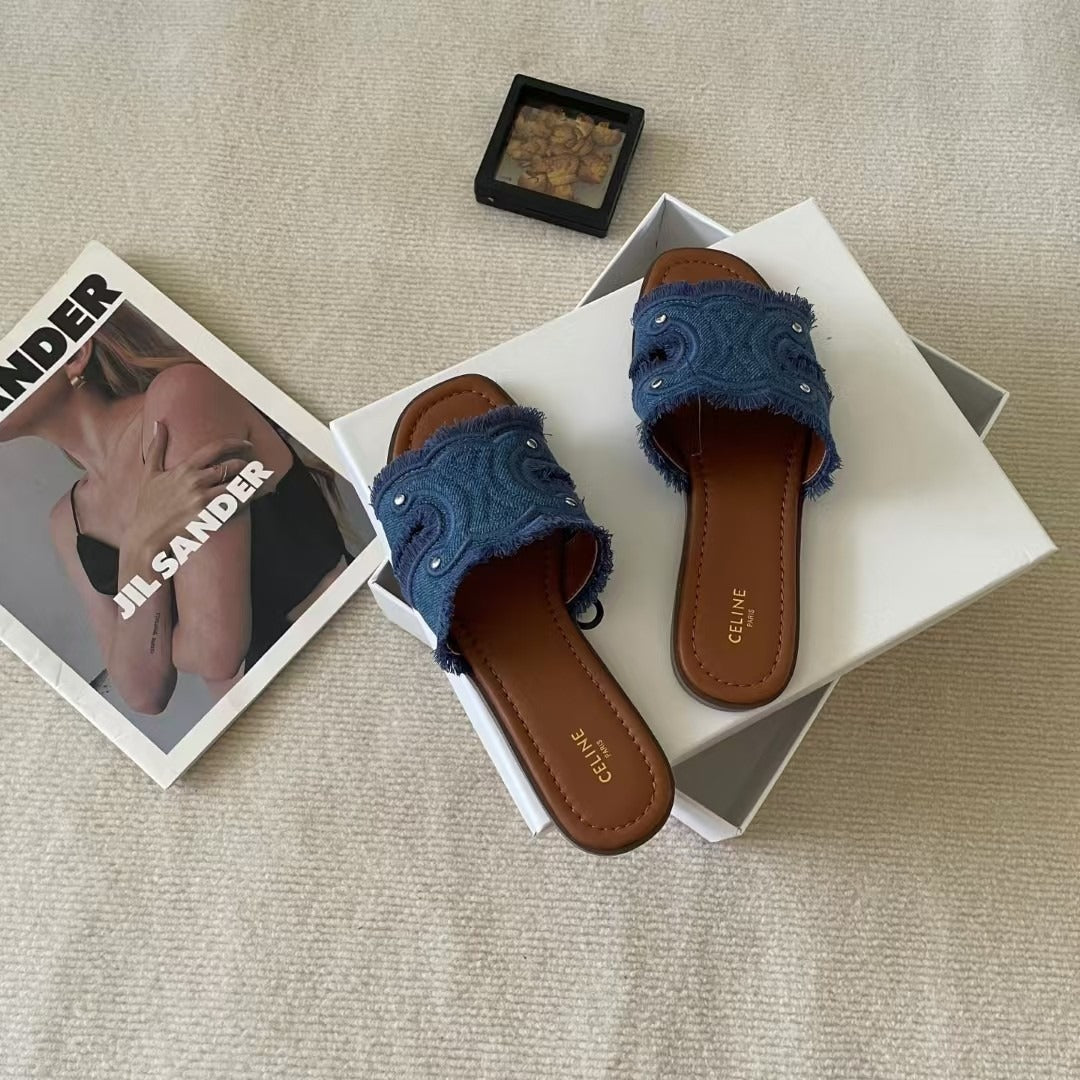 Celine Denim & Leather Tassel Slides