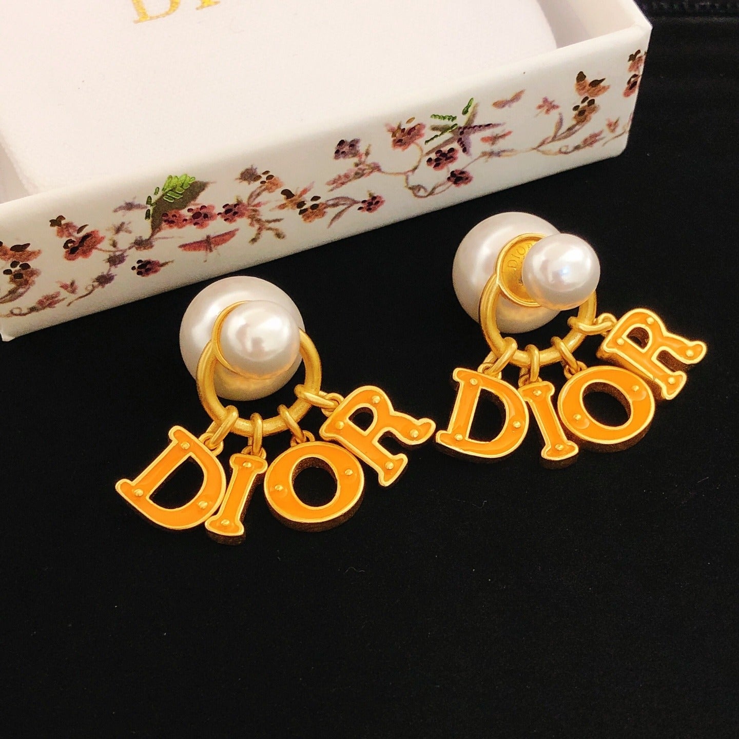 Dior Orange Brass Logo Earrings