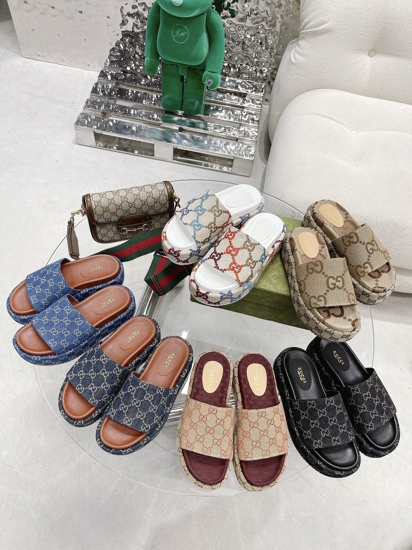 Gucci Green Canvas & Leather Double G Slides