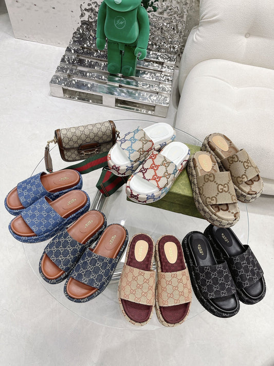 Gucci Green Canvas & Leather Double G Slides