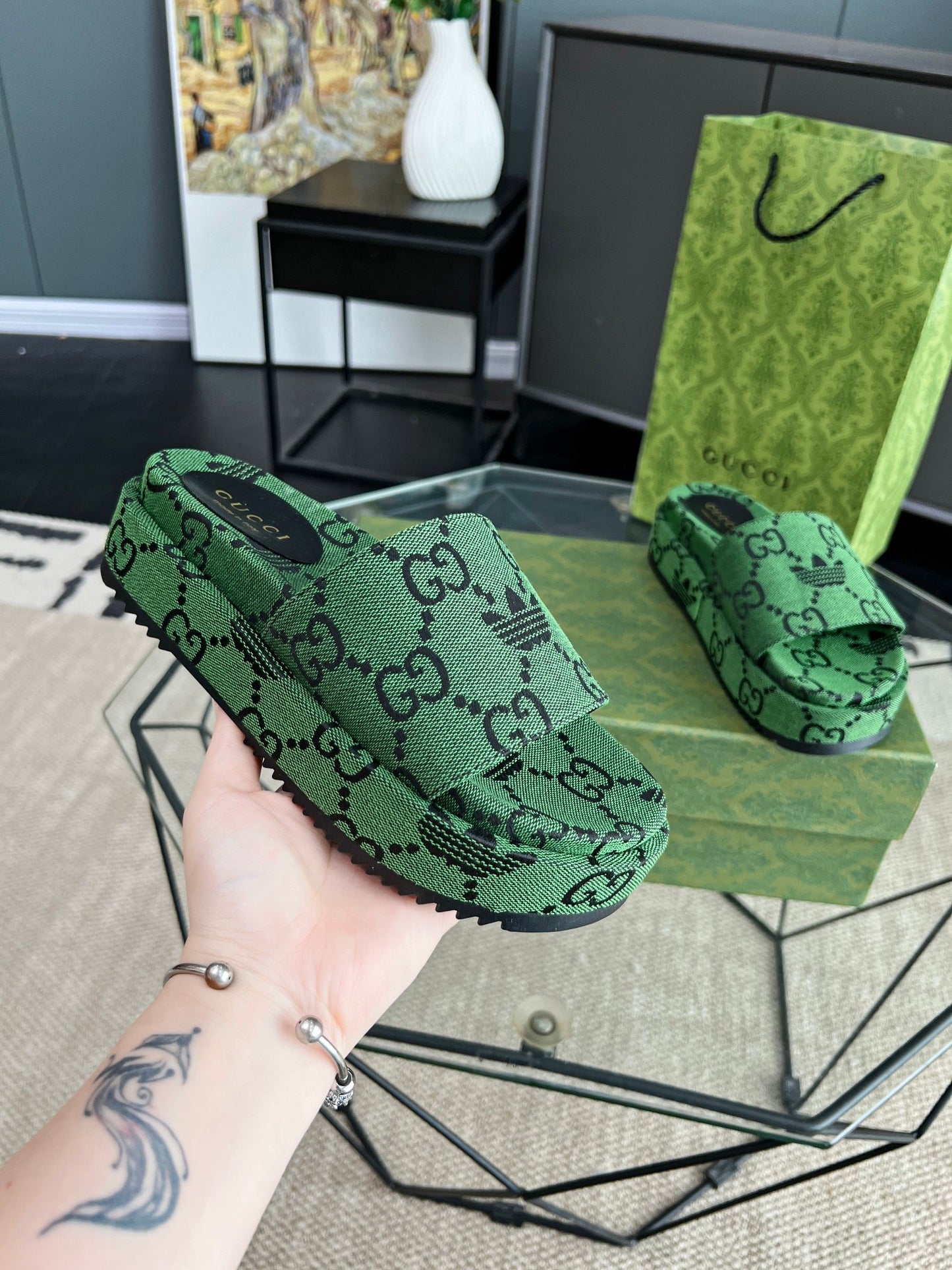Gucci Green Canvas & Leather Double G Slides