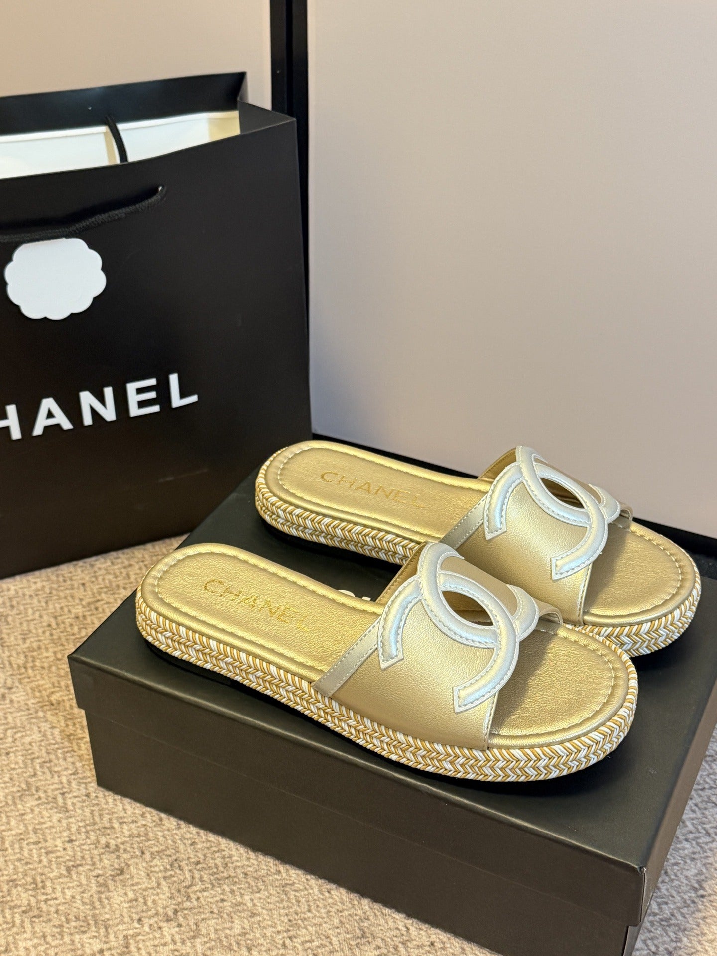 Chanel Lambskin Leather Logo Slides