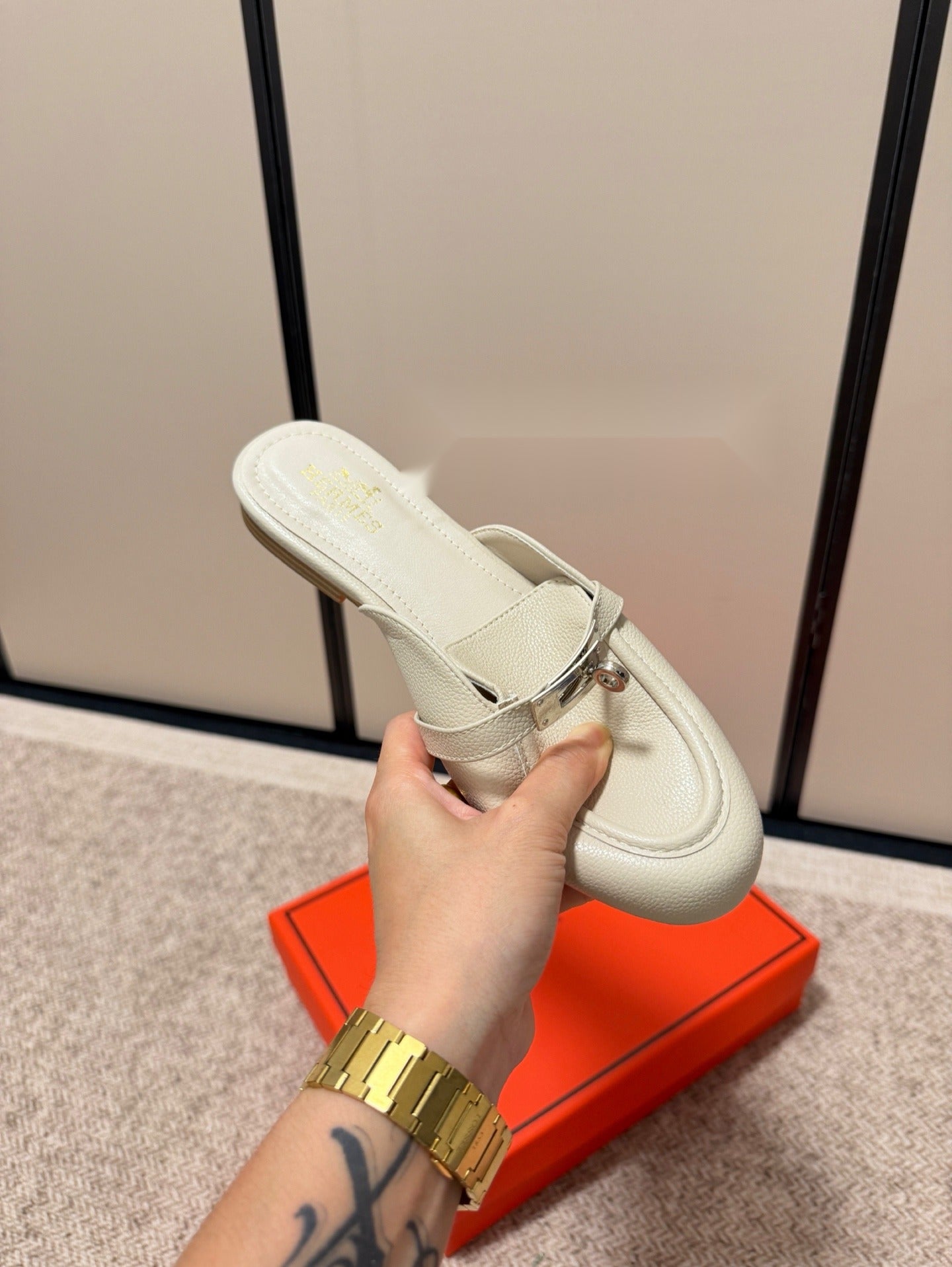 Hermes Calfskin Leather Logo Slides