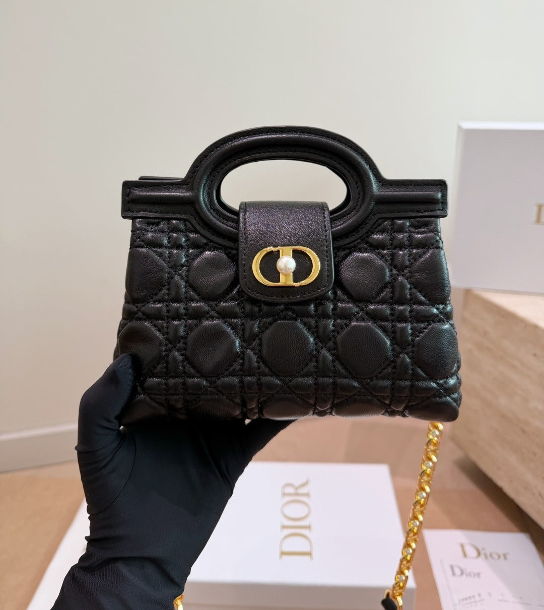 Dior Black Lambskin Leather Pearl Handbag