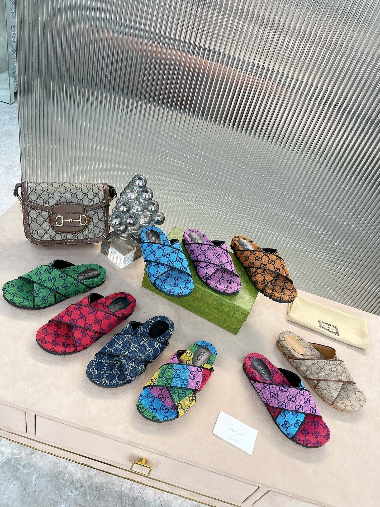 Gucci Green Canvas & Leather Double G Slides