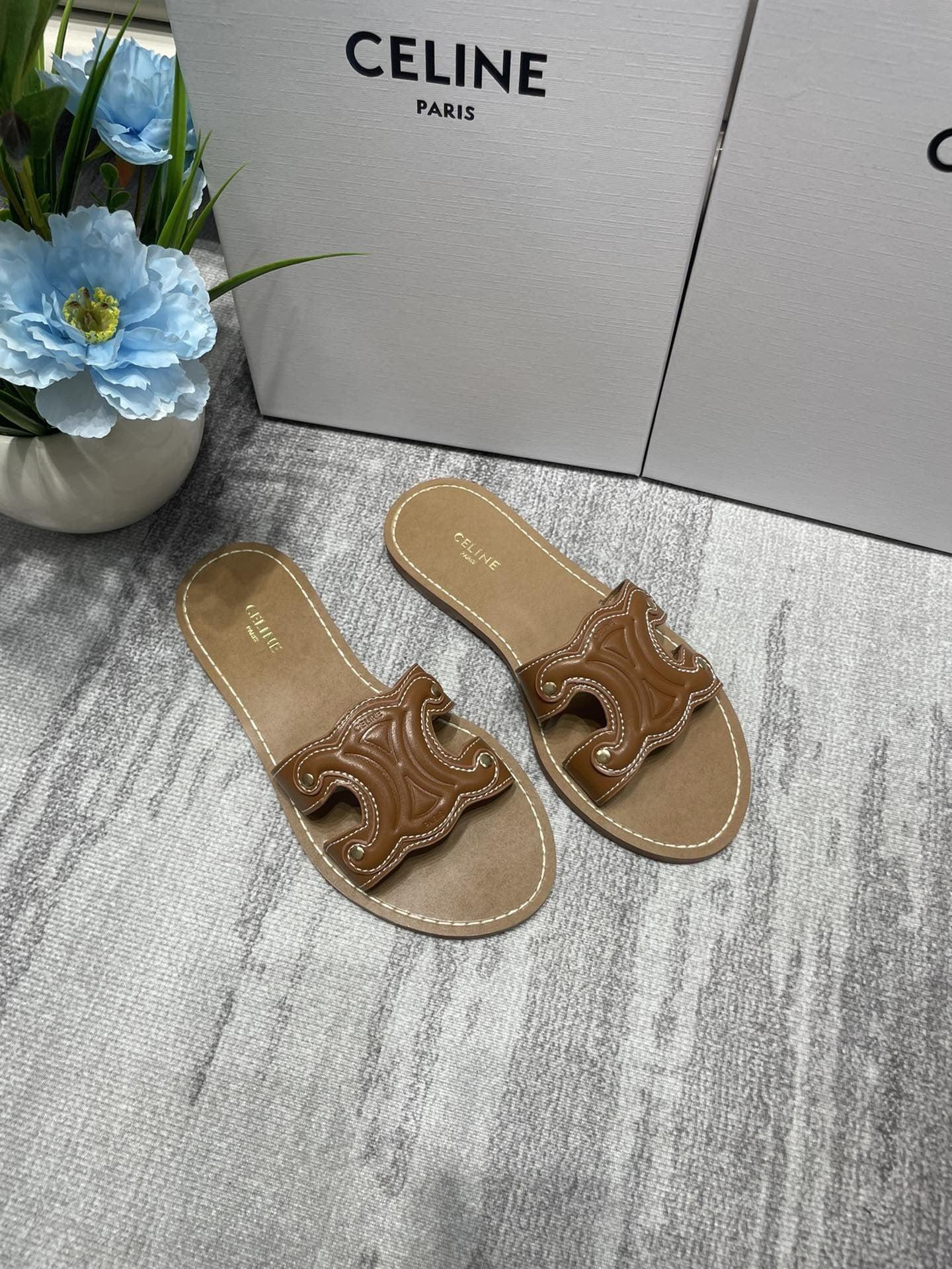 Celine Denim & Leather Tassel Slides