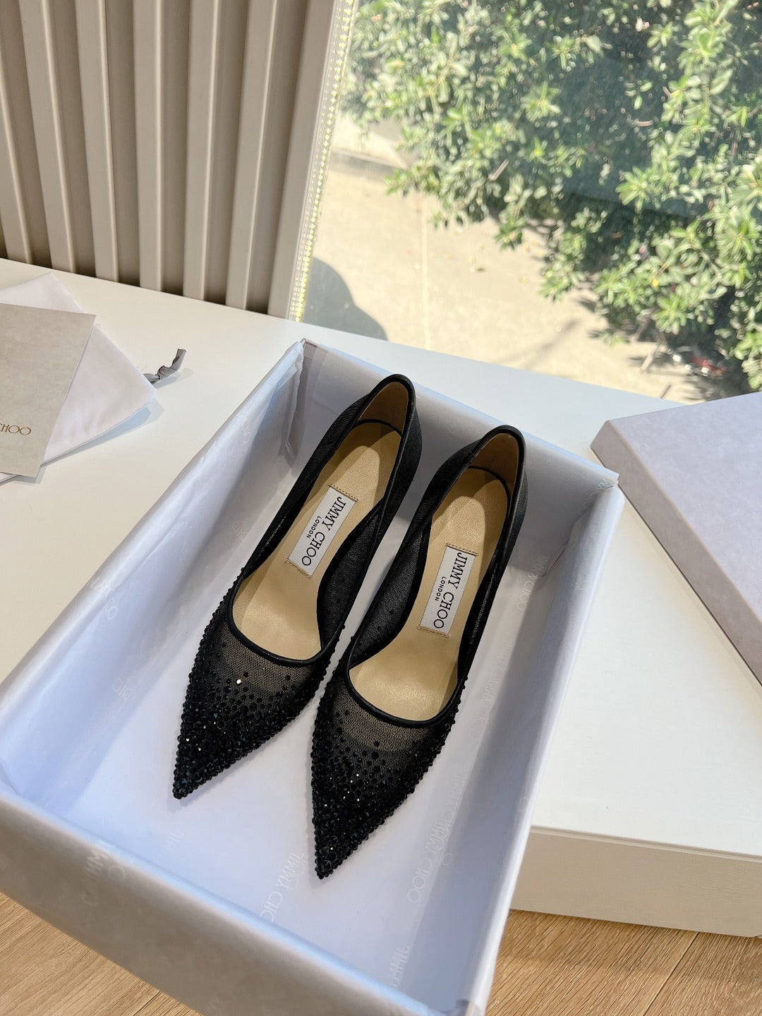 Jimmy Choo Lambskin Leather Crystal Heels