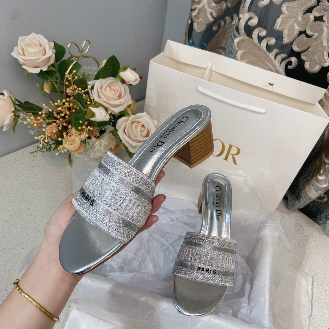 Dior Cotton & Lambskin Leather Crystal Slides