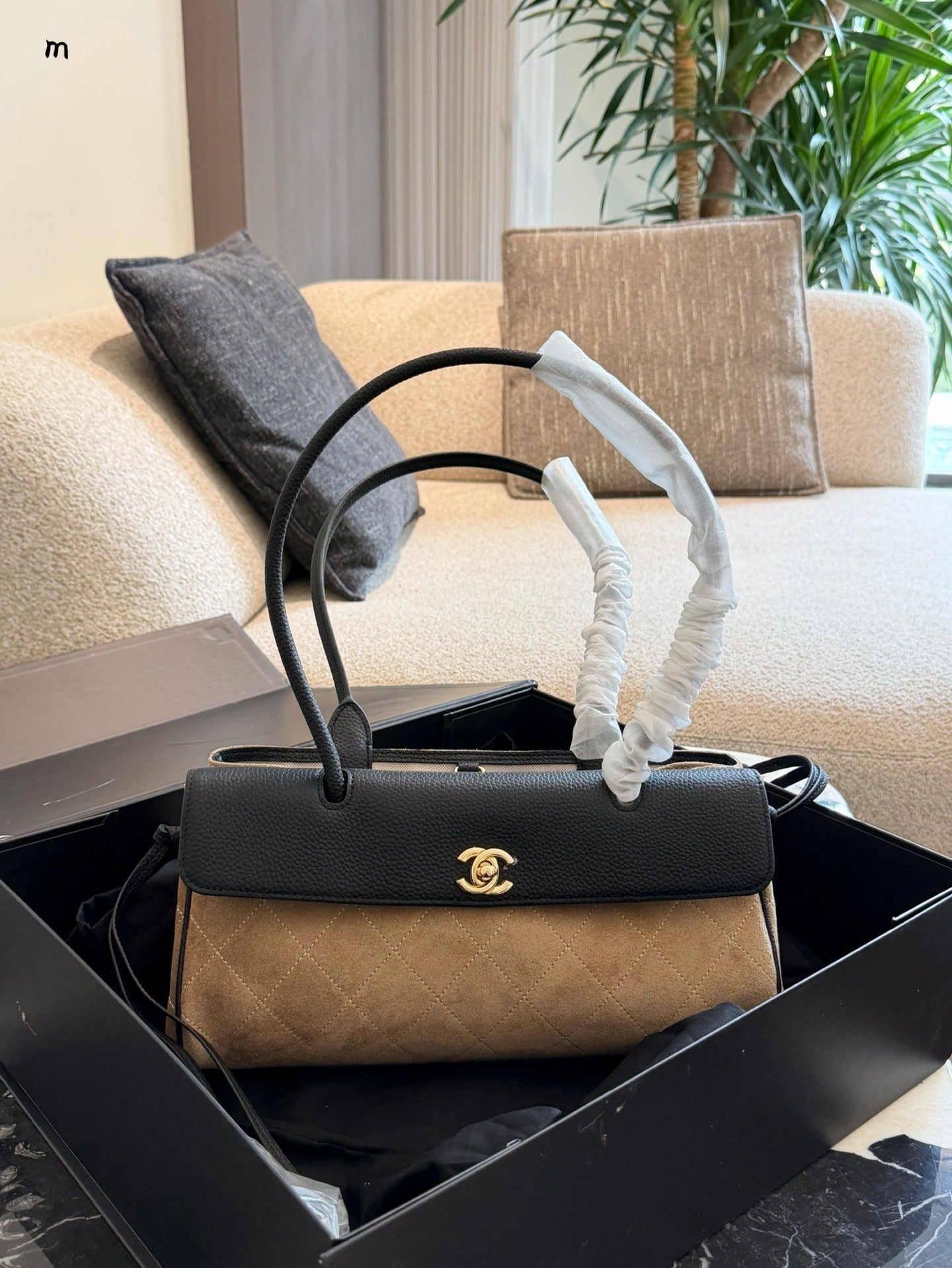 Chanel Black Suede & Leather Colorblock Handbag