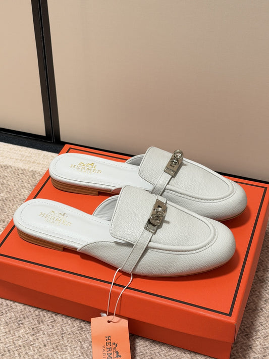 Hermes Calfskin Leather Logo Slides