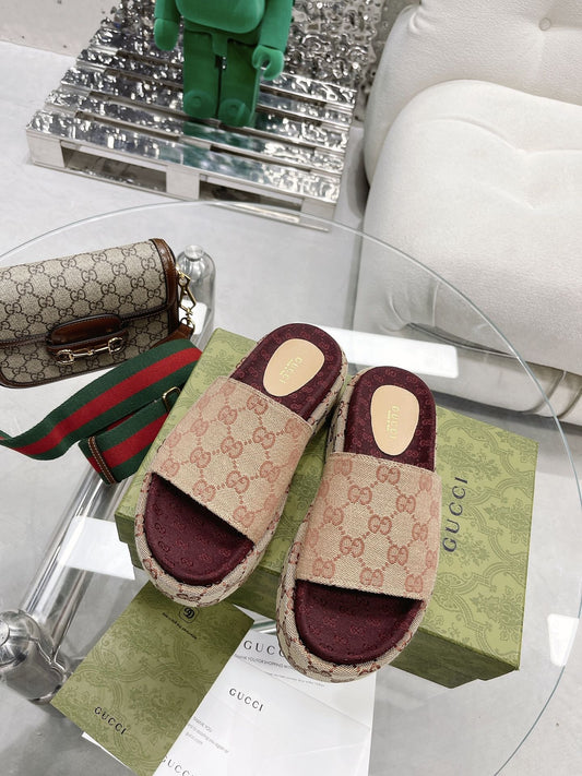 Gucci Green Canvas & Leather Double G Slides