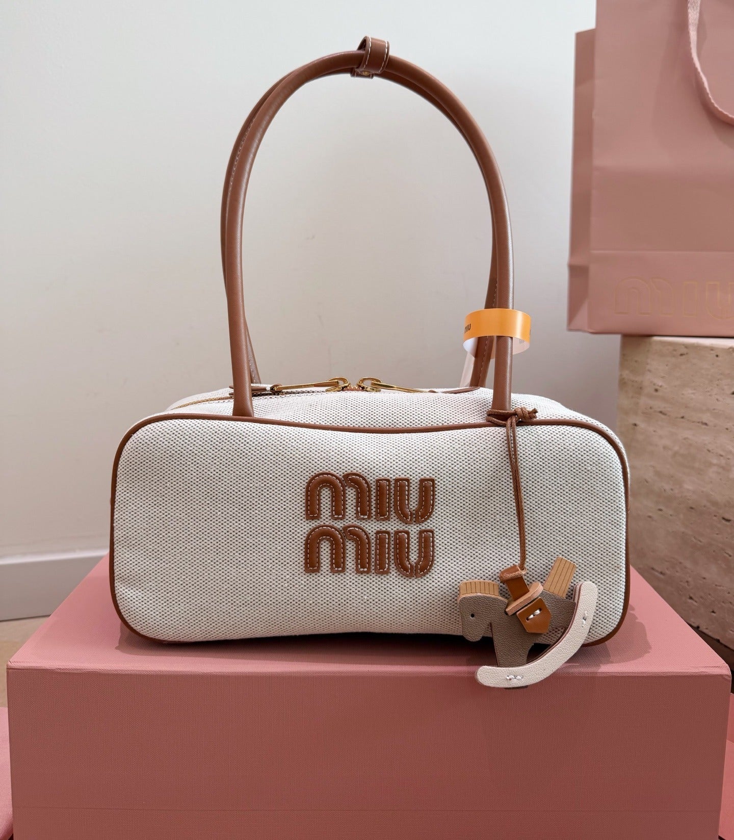 Miu Miu White Canvas & Leather Logo Handbag
