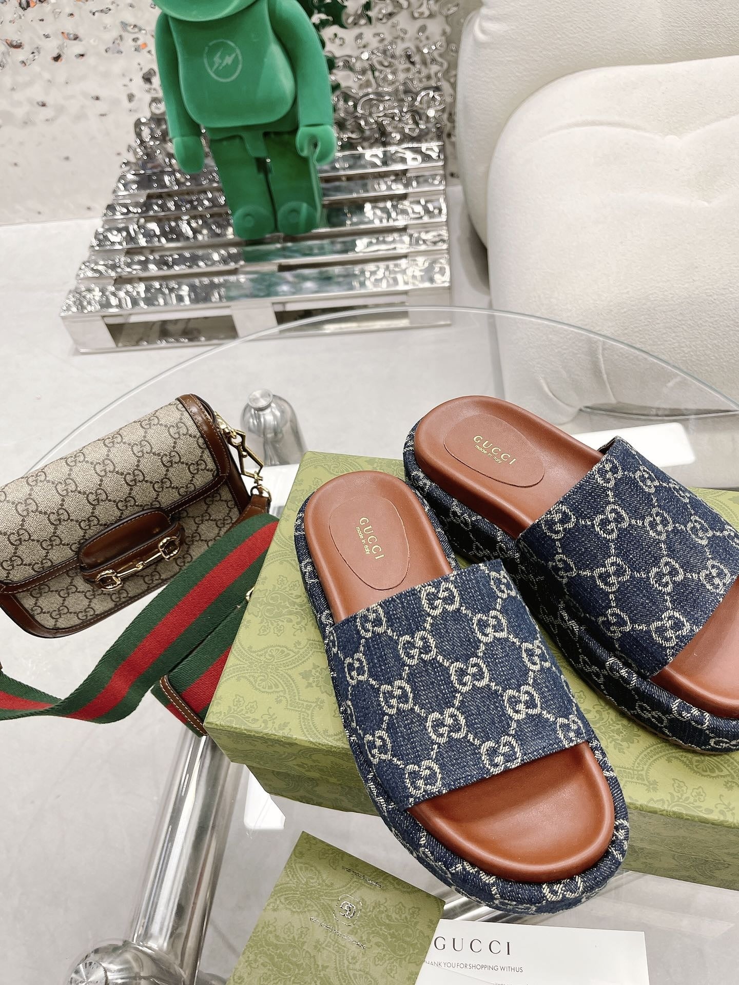 Gucci Green Canvas & Leather Double G Slides