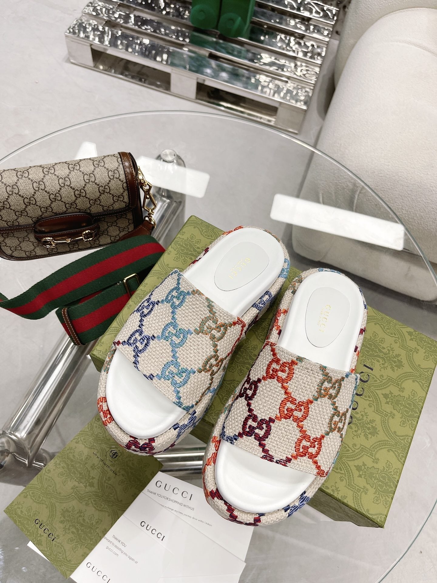 Gucci Green Canvas & Leather Double G Slides