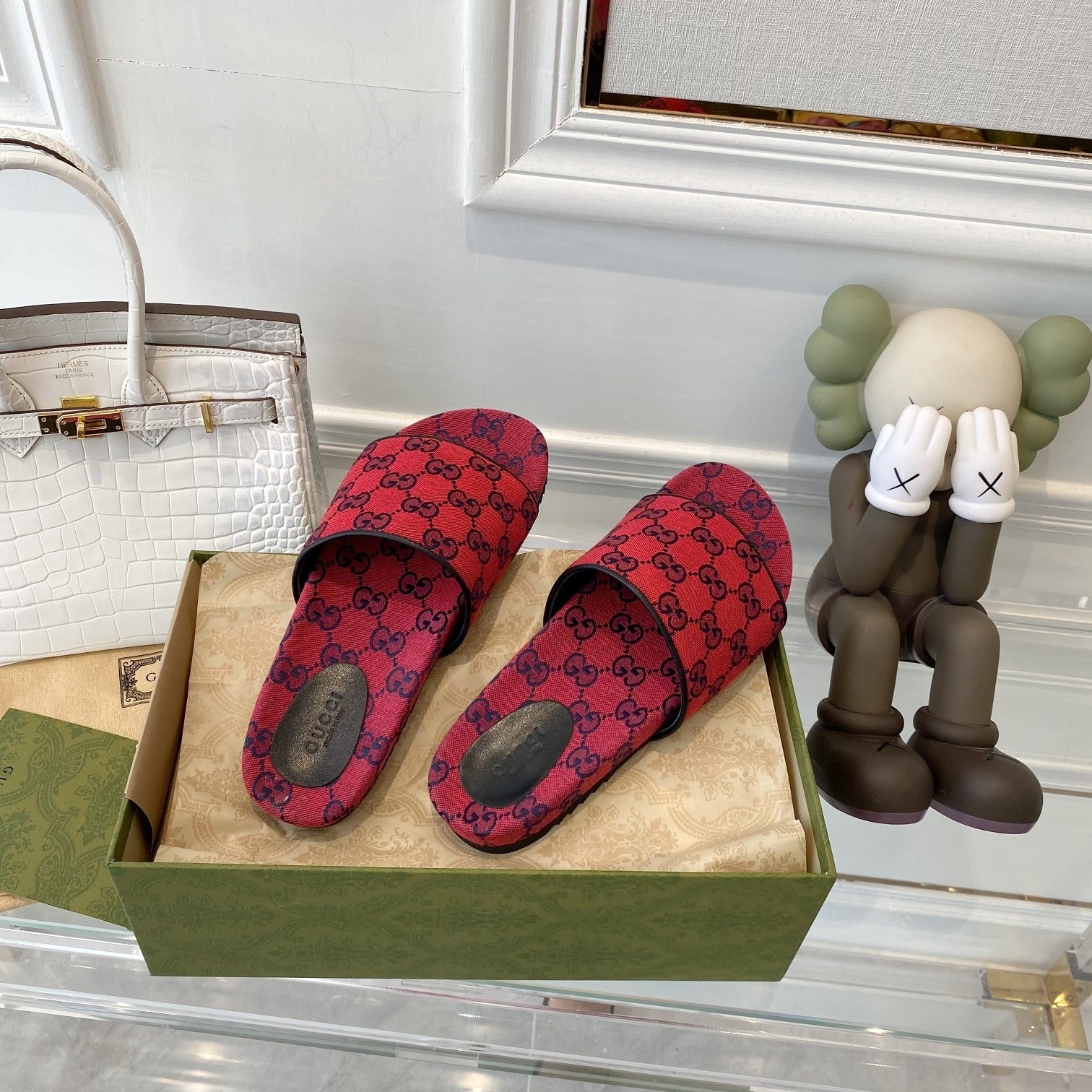 Gucci Green Canvas & Leather Double G Slides