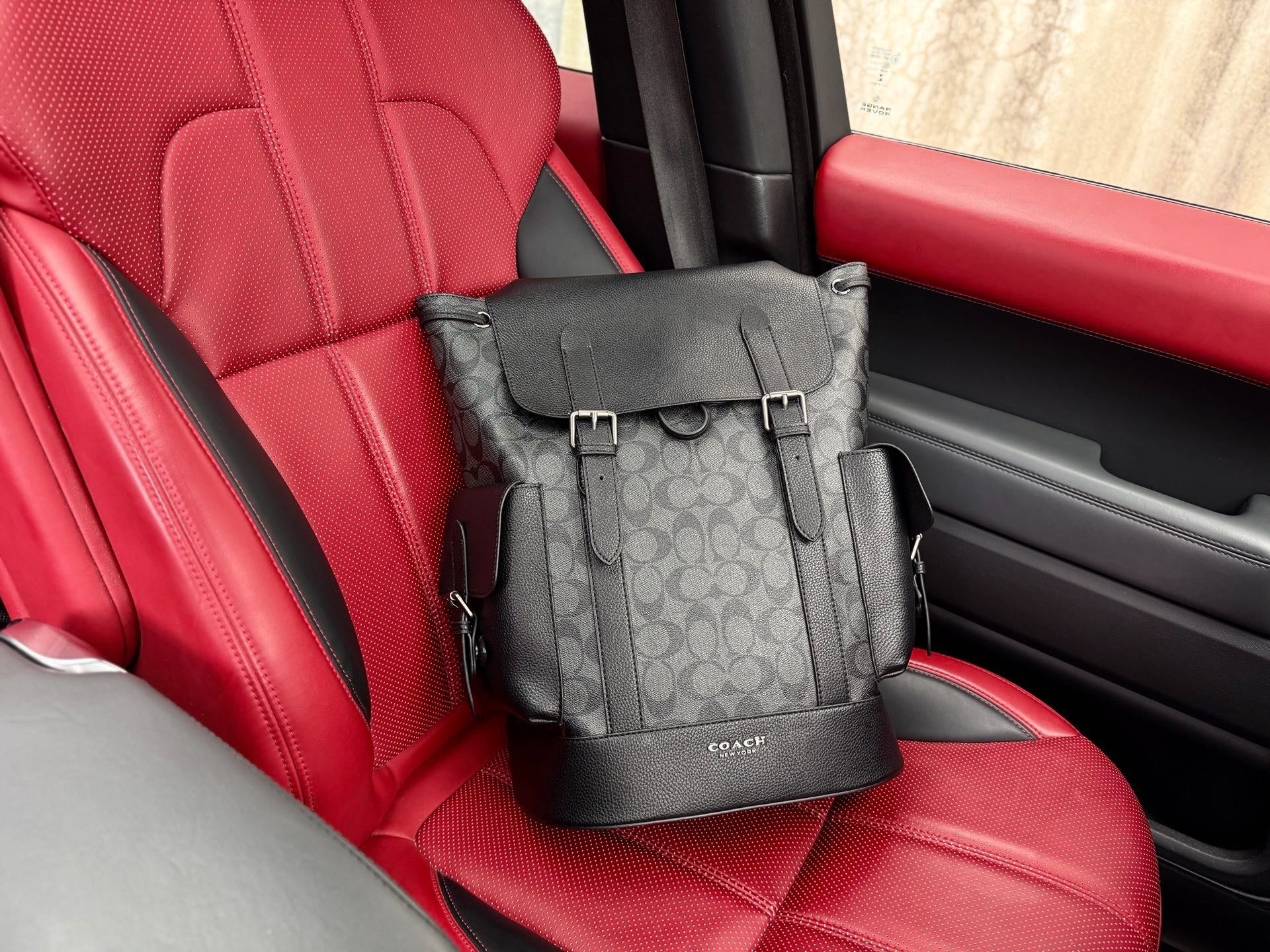Coach Black Leather & Canvas Logo Backpack