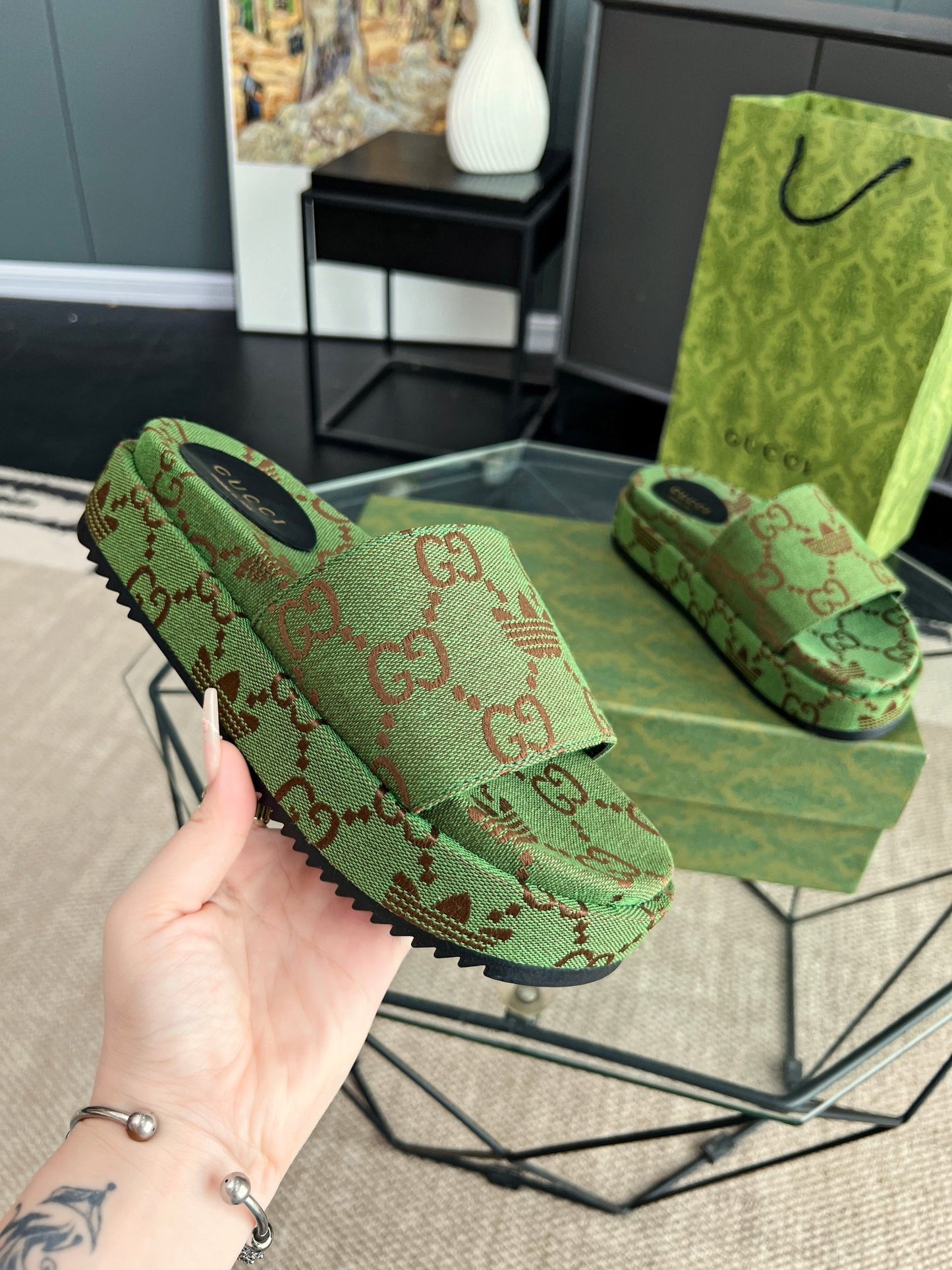 Gucci Green Canvas & Leather Double G Slides
