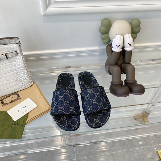 Gucci Green Canvas & Leather Double G Slides