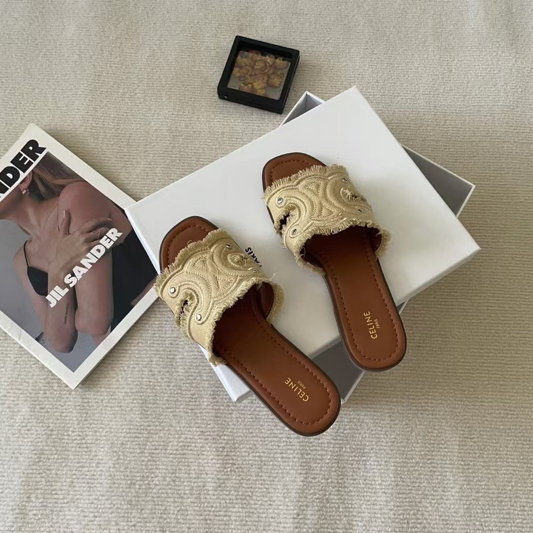 Celine Denim & Leather Tassel Slides
