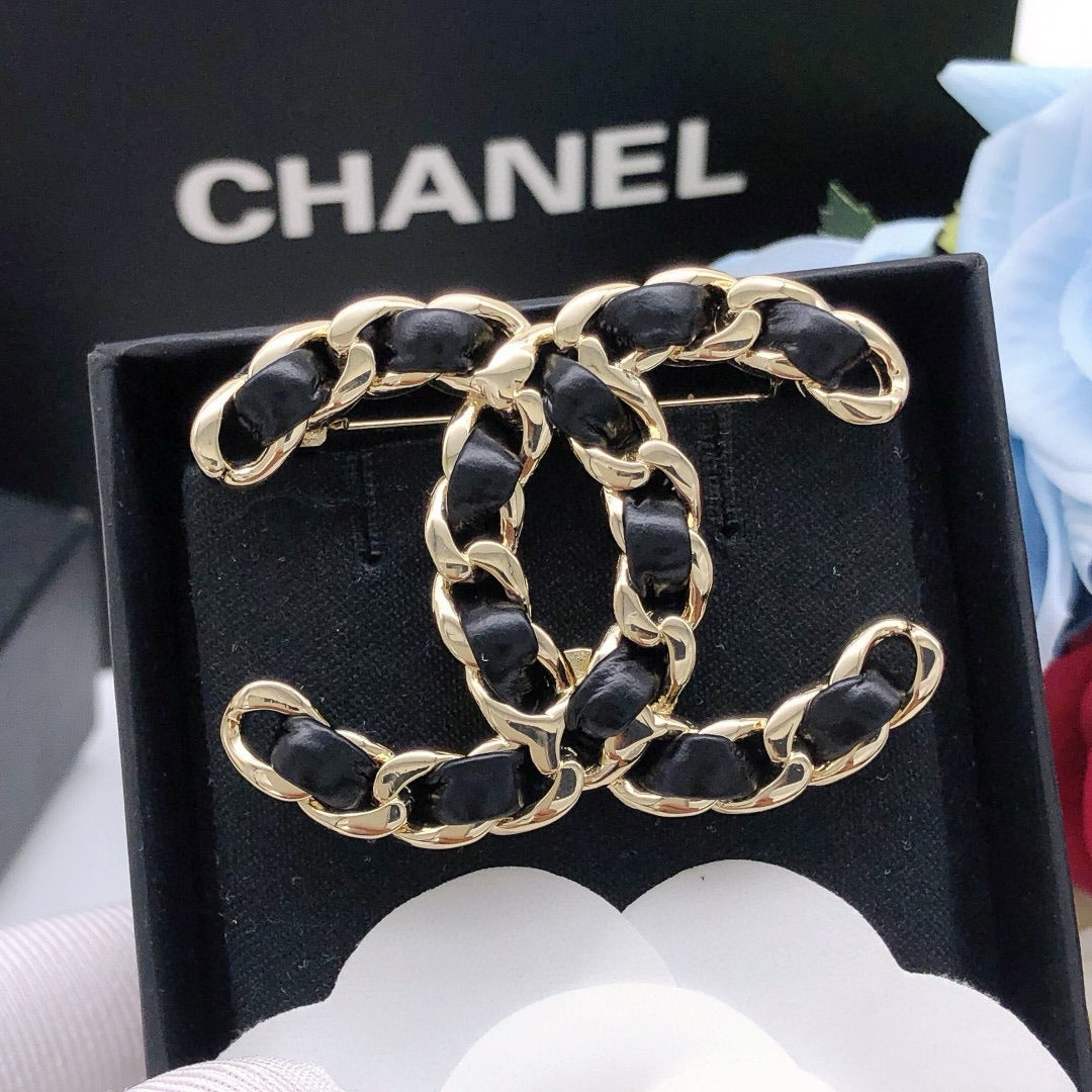 Chanel Black Lambskin Leather & Brass Brooch